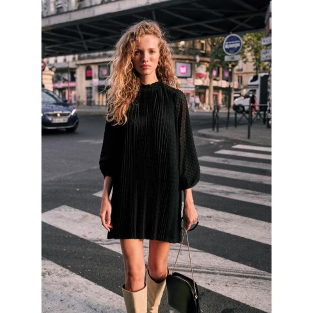 Sezane Pleated High Collar Armance Chiffon Dress Black Womens size 34